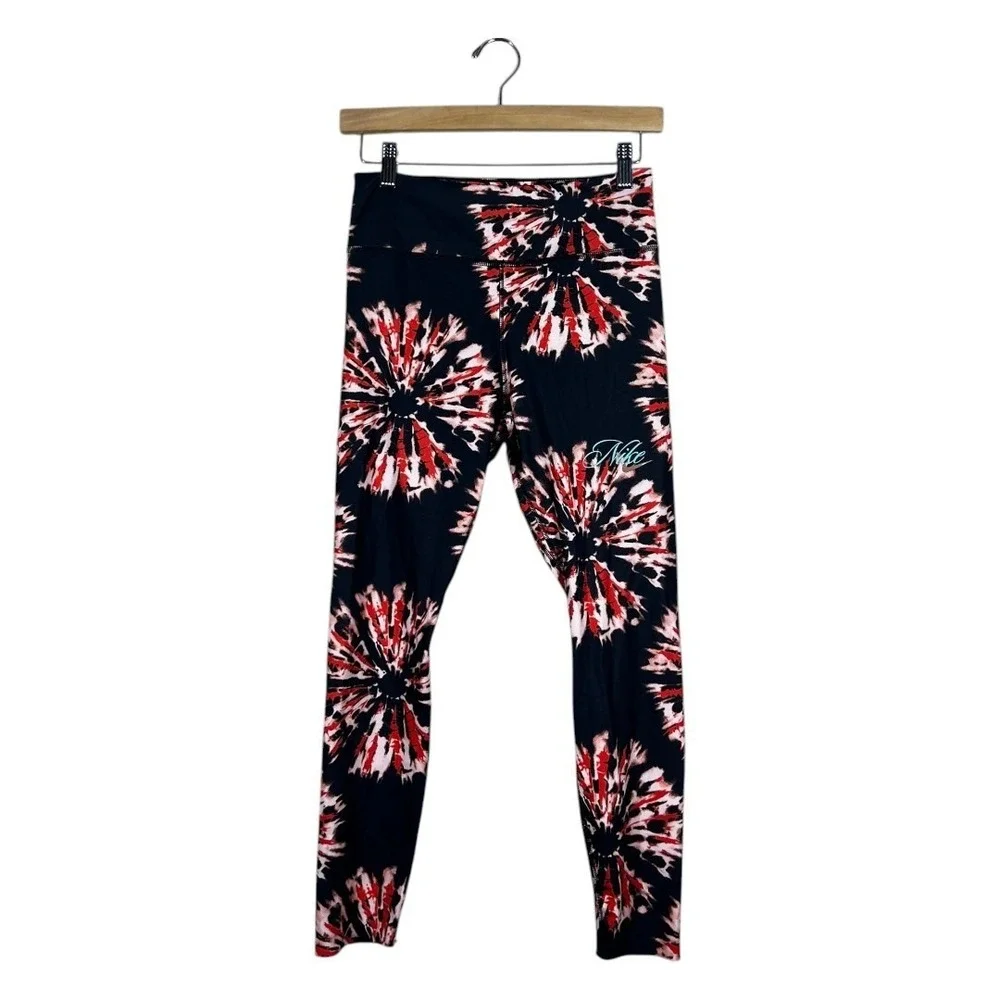 Nike Dri-FIT Tie Dye Burst Leggings Black Red White Athletic Yoga Size M